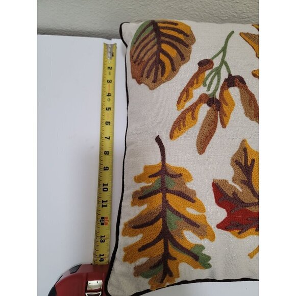 Set Of 2 Autumn Embroidery Leaf Pattern Throw Pillow Covers With Piping 16" Squa - Picture 4 of 6
